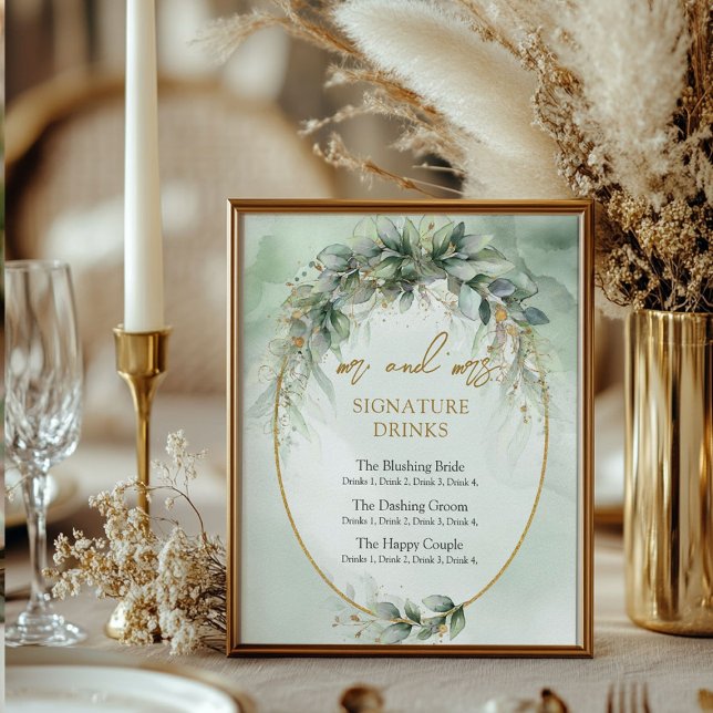 Poster Boissons modernes botaniques signées or (Modern botanical greenery gold signature drinks poster)