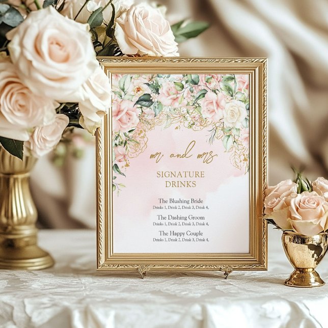 Poster Boissons modernes de signature rose et or (Modern soft pink and gold signature drinks poster)