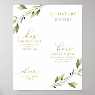 Poster Boissons Signature de Mariage Cocktails Verdure Or