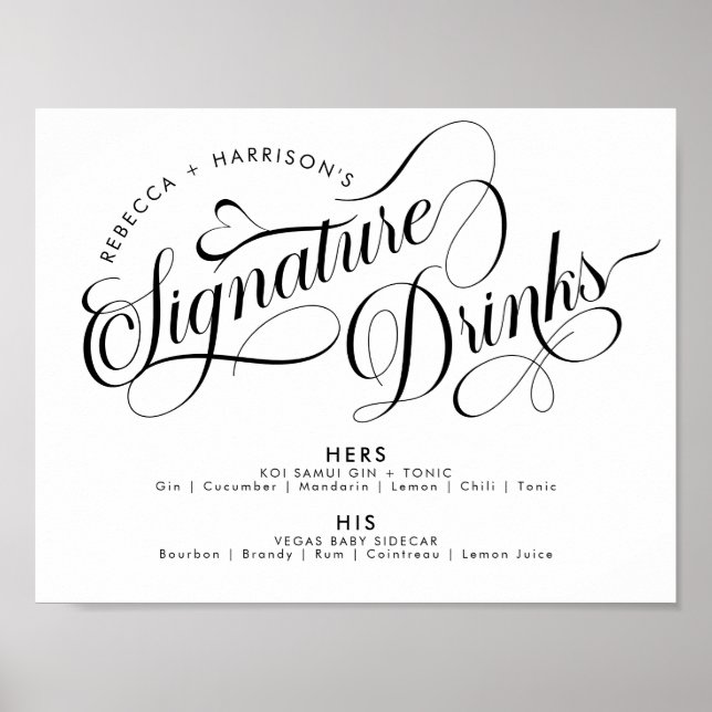 Poster Boissons Signature de Script Romantique Mariage Ba (Devant)