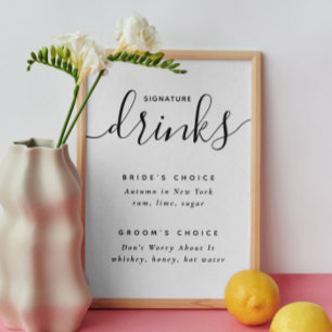 Poster Boissons signées. Mariage noir et blanc élégant