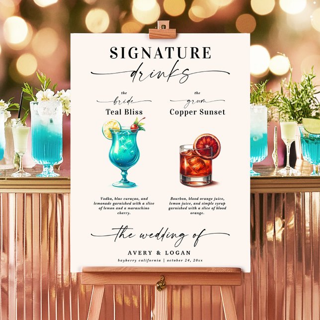 Poster Boissons turquoises et en cuivre et signature de m (A Wedding Bar with Teal and Copper Colored Signature Drinks. Blue Lagoon and Whiskey Sour.)