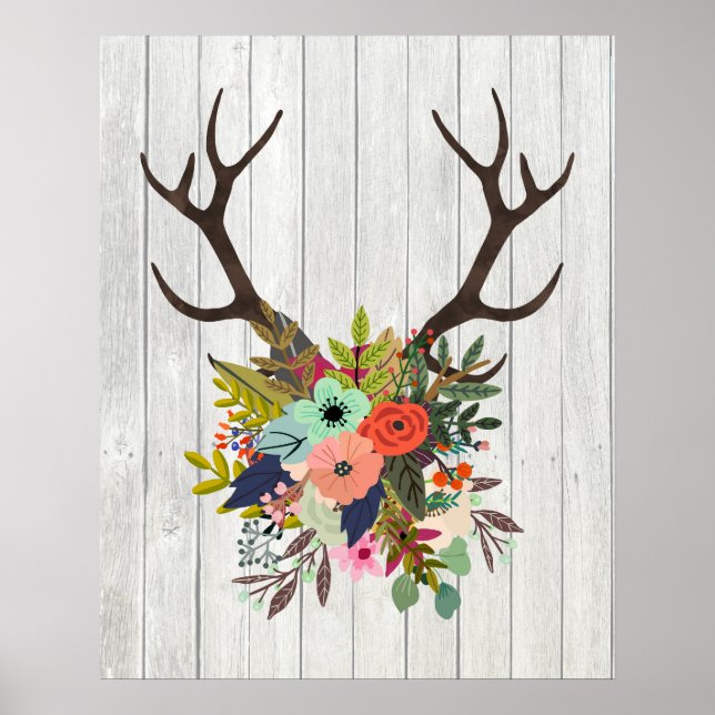 Poster Boîtiers de cerfs rustiques avec fleurs (Devant)