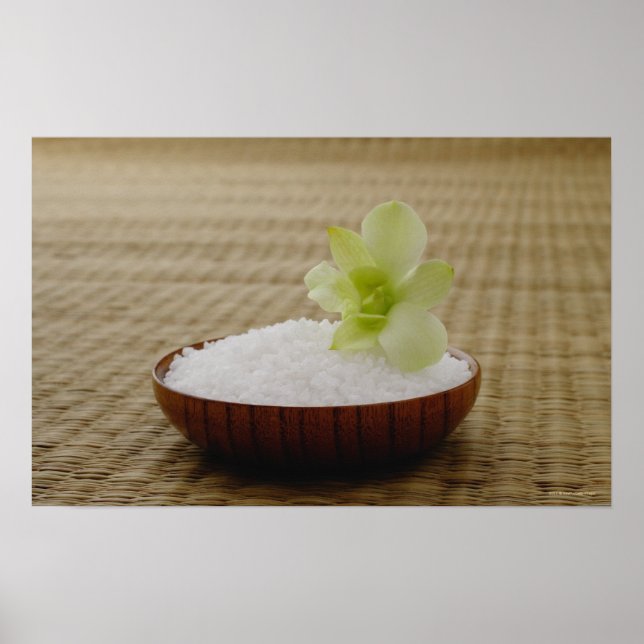 Poster Bol de riz avec une fleur sur un tapis de tatami (Devant)