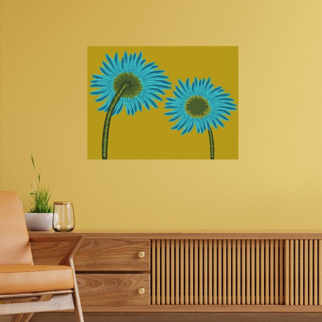 Poster Bold Blue Daisy Art sur Mustard Yellow Arrière - p (Créateur téléchargé)