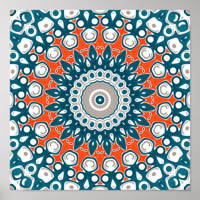 Poster Bold Teal and Coral Symmetrical Mandala (Devant)
