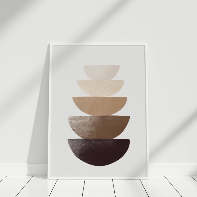 Poster Bols empilés Abstraits neutres Art mur minimaliste (Neutral Abstract Bowls Wall Art in white frame against white wall.)