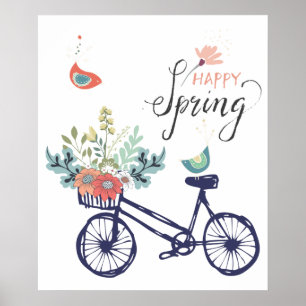 Poster Bon design printemps : vélo, fleurs et oiseaux