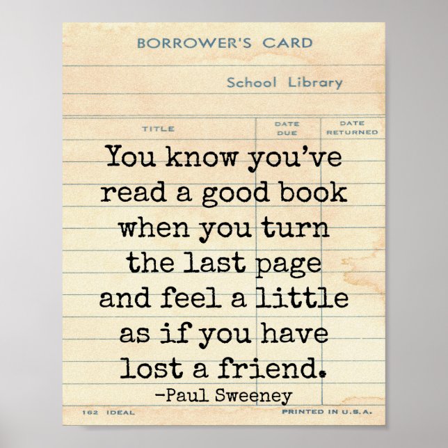 Poster Bon livre Perdu un ami Paul Sweeney Citation Art (Devant)