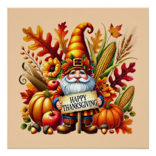 Poster Bon thanksgiving saisonnier fête du gnome