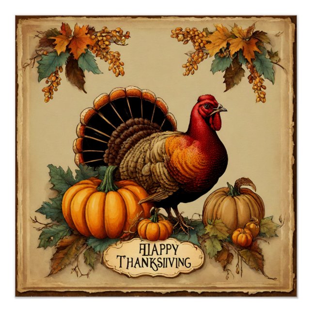 Poster Bon thanksgiving Turquie Vintage, Citrouille (Devant)