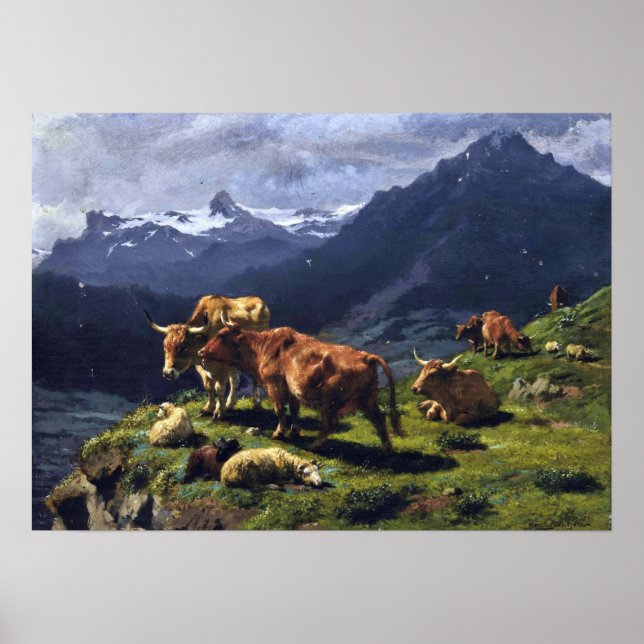 Poster Bonheur - Bovins Et Moutons Dans Un Paysage Alpin (Devant)