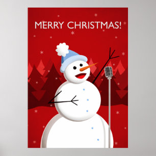 Poster Bonhomme de neige chanteur heureux Joyeux Noël