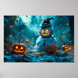 Poster Bonhomme de neige effrayant d'Halloween dans la fo