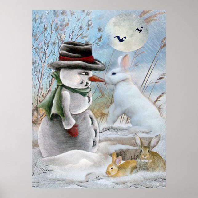 Poster bonhomme de neige et lapin mangeant de la carotte (Devant)