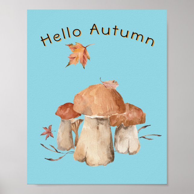 Poster Bonjour Automne Feuilles Sèches Champignons Aquare (Devant)