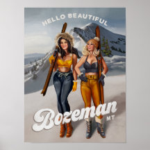 "Bonjour Beau Bozeman" Retro Pinup Ski Art