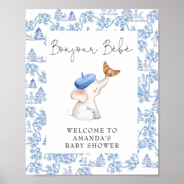 Poster Bonjour Bebe Blue French Boy Baby shower d'accueil (Devant)