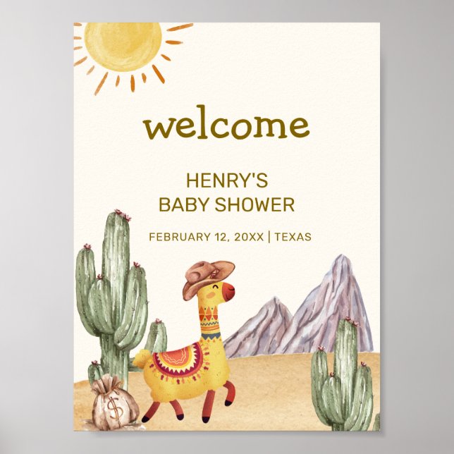 Poster Bonjour bébé Cactus Llama Cowboy Baby shower Bienv (Devant)