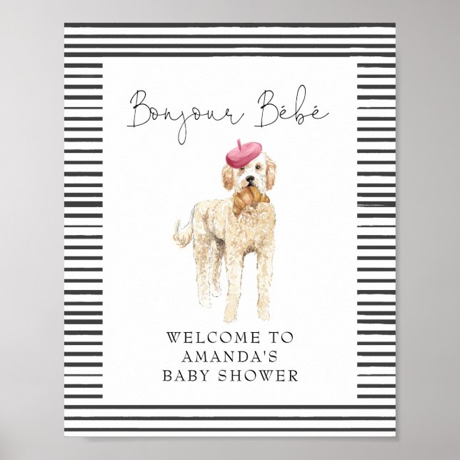Poster Bonjour Bebe French Doodle Welcome Baby Shower (Devant)