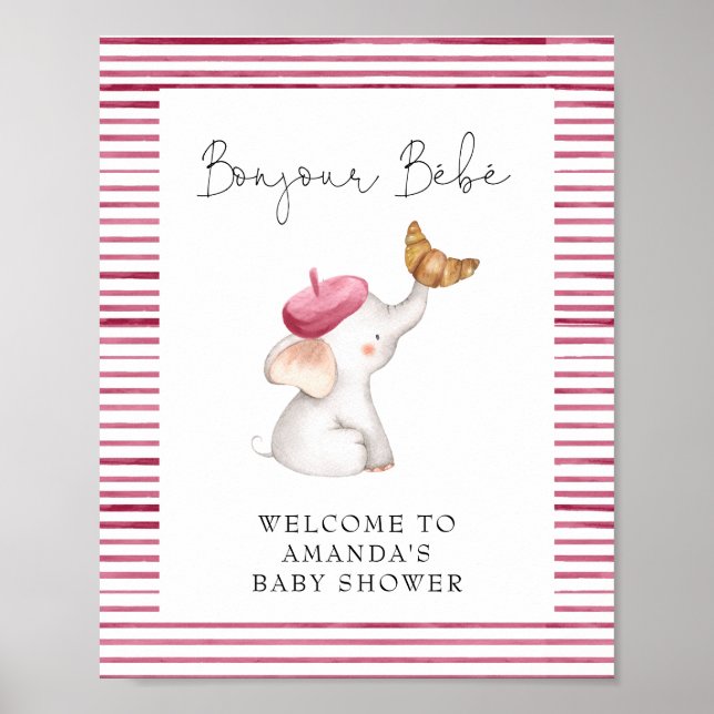 Poster Bonjour Bebe French Elephant Baby shower de bienve (Devant)