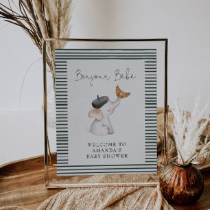 Poster Bonjour Bebe French Elephant Baby shower de bienve