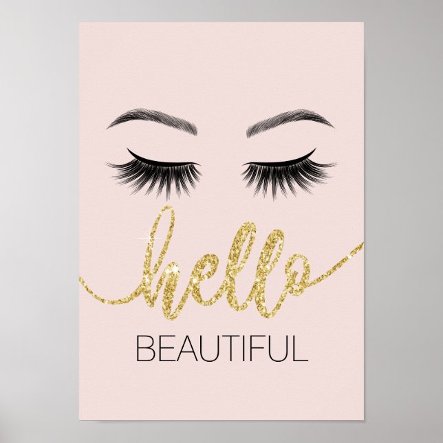 Poster Bonjour Belle Eyelashes Gold Typographie Salon (Devant)