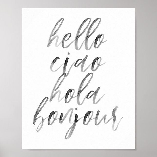 Poster Bonjour Ciao Hola Bonjour Aquarelle Script (Devant)