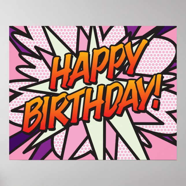 Poster BONJOUR D'ANNIVERSAIRE Bande dessinée Pop Art rose (Devant)