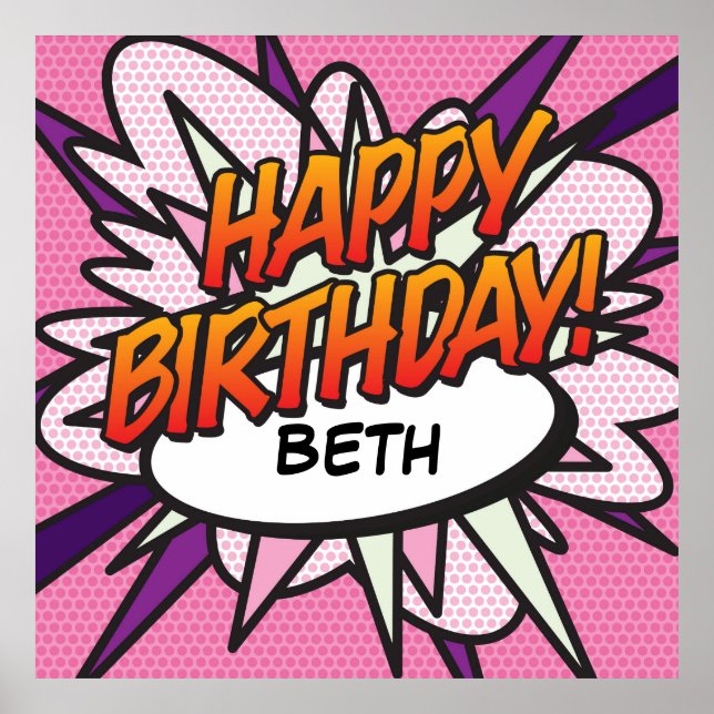 Poster BONJOUR D'ANNIVERSAIRE Bande dessinée Pop Art rose (Devant)