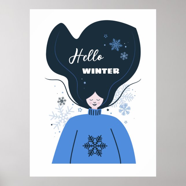 Poster Bonjour hiver, flocons de neige et belle fille (Devant)