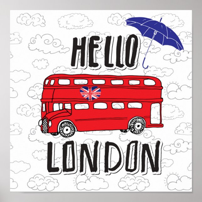 Poster Bonjour Londres | Panneau Lettré main avec paraplu (Devant)