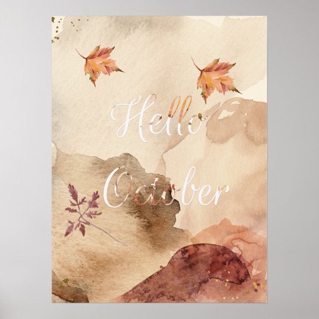 Poster Bonjour Octobre Aquarelle Brown Feuilles d'érable (Devant)