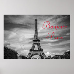 Poster Bonjour Paris Black White Tour Eiffel Voyage