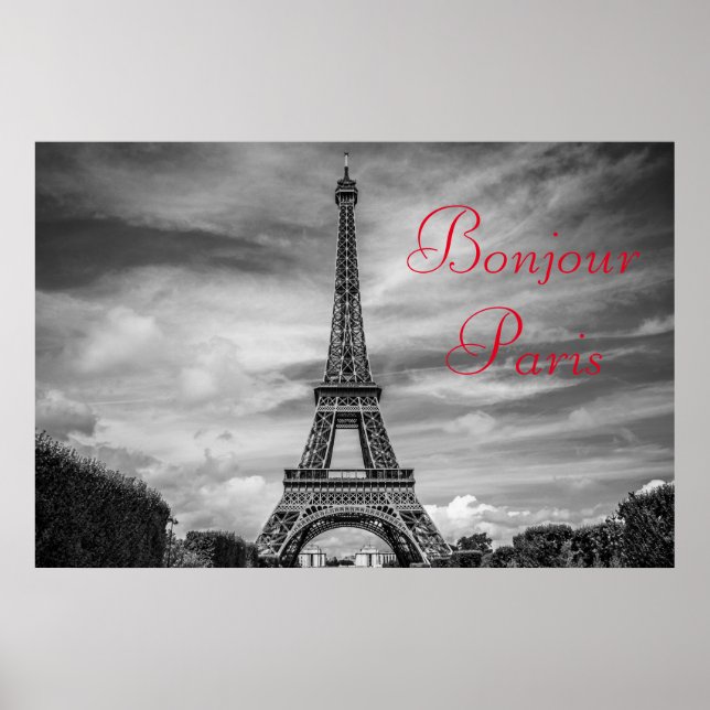 Poster Bonjour Paris Noir Blanc Tour Eiffel Voyage (Devant)