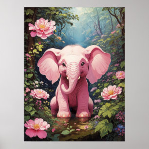 Poster Bonjour tout le monde ! Eléphant rose bébé
