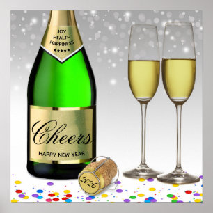 Poster Bonne année 2025 Bouteille de vin mousseux