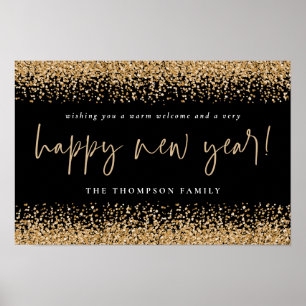 Poster Bonne année nom noir imprimable paillettes dorées