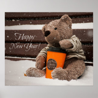 Poster Bonne année. Ours en peluche.
