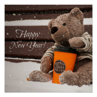 Poster Bonne année. Ours en peluche.