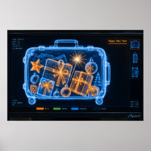 Poster Bonne année valise en soute à rayons X d'aéroport