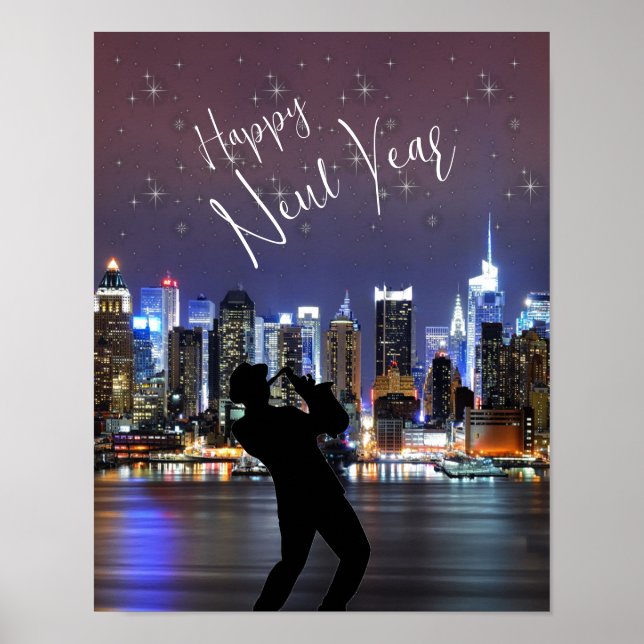 Poster Bonne année Ville Skyline Trumpet Man Stars (Devant)
