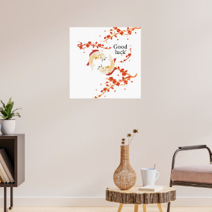 Poster Bonne chance Poisson Koi avec Sakura   Japonais él