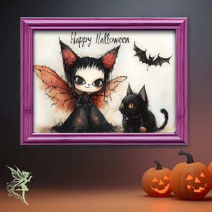 Poster Bonne Halloween Fairy & Cat   Joli mur Éffrayant