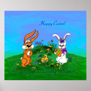 Poster Bonne Pâques ! Lapin avec lapin et poussin