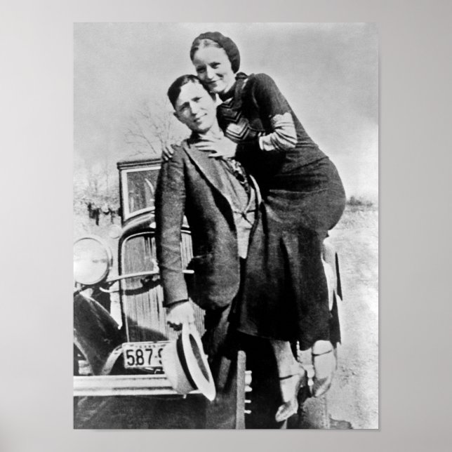 Poster Bonnie et Clyde avec leur voiture - Vers 1934 (Devant)