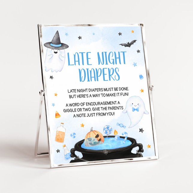 Poster Boo-y Baby shower Halloween Diapeurs de nuit tardi (Blue Oh Sheet Baby Shower Late Night Diapers Sign)