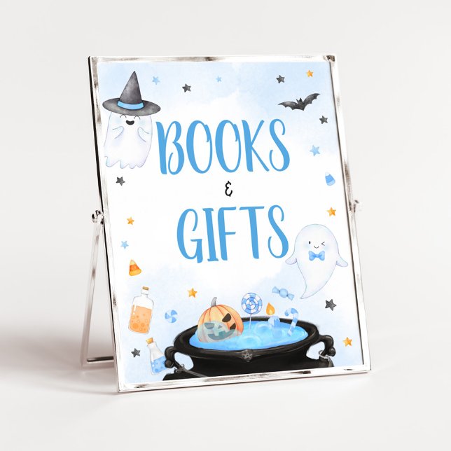 Poster Boo-y Halloween Baby showers livres et cadeaux (Blue Oh Sheet Baby Shower Books and Gifts Sign)