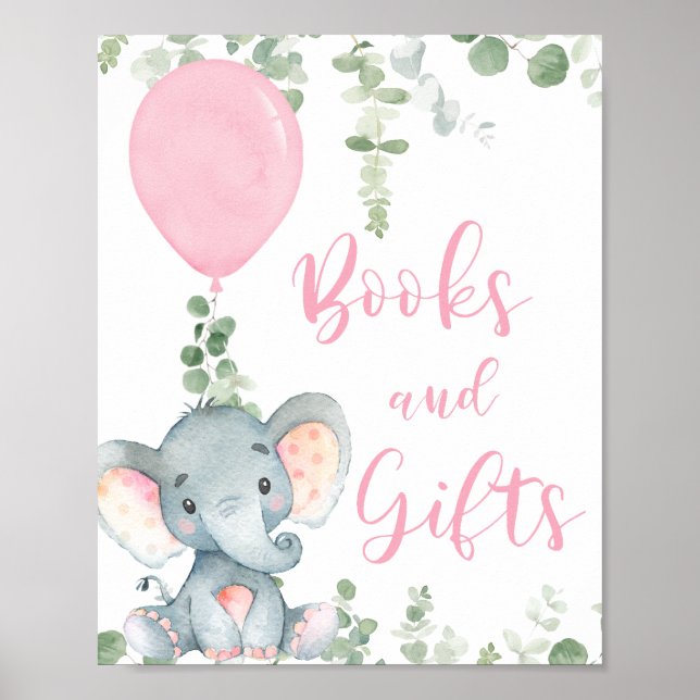 Poster Books gifts pink elephant balloon baby shower sign (Devant)