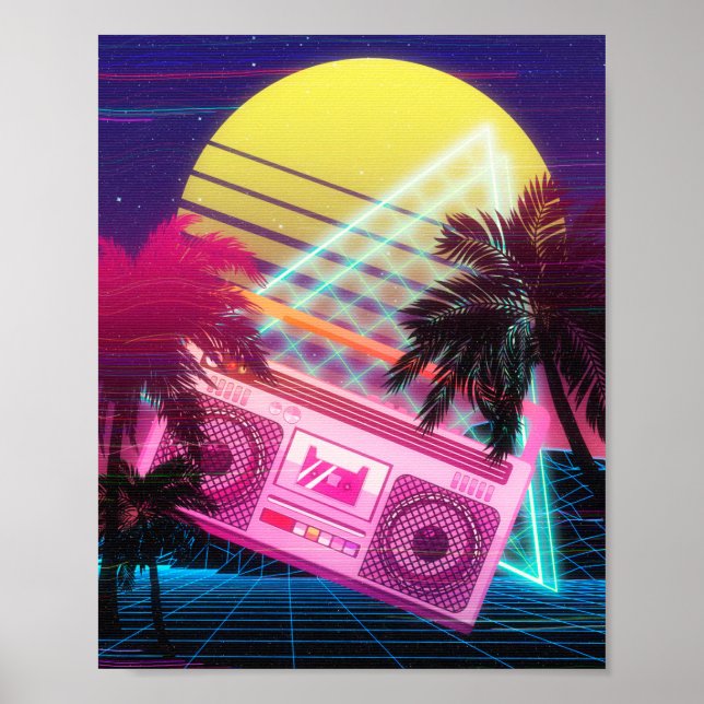 Poster Boombox rose Funky des années 80 avec palmiers (Devant)